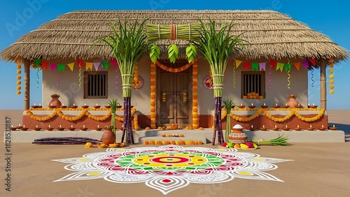 Pongal Festival Village Hut Decoration Kolam Sugarcane Marigold Lamps