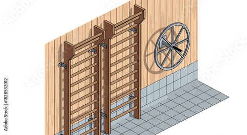 Isometric gym wall bars and gym wheel in wooden panel room