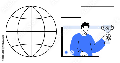 Man holding trophy in online screen next to globe highlights global recognition, online competitions, virtual awards, and digital achievements. Ideal for success, teamwork, leadership, globalization
