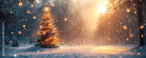 Snowy landscape features glowing Christmas tree surrounded by fa