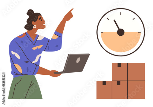 Young woman gesturing while holding a laptop, placed near a clock and stacked boxes. Ideal for time management, productivity, logistics, scheduling, delivery, efficiency and multitasking. Simple