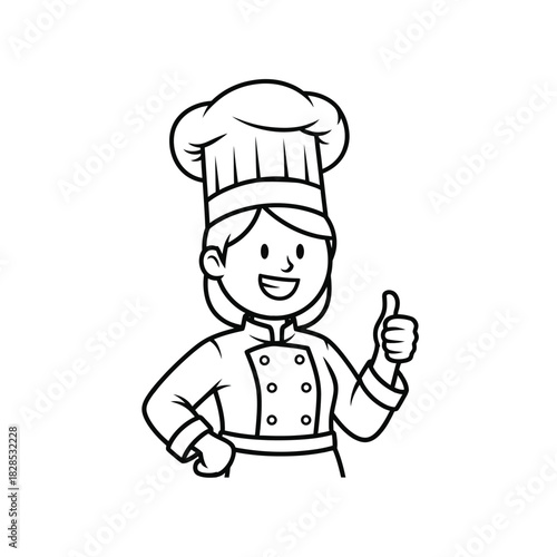 Cartoon Chef Woman Giving Thumbs Up Outline cook illustration female uniform hat kitchen cooking restaurant professional food culinary