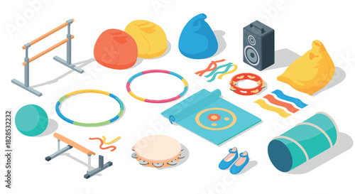 Colorful kids' indoor gym equipment set in isometric style