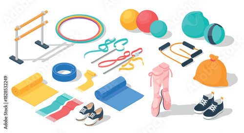 Isometric gym and fitness equipment collection on white background
