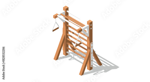 Isometric wooden gym stall bars with rings for fitness training on white background