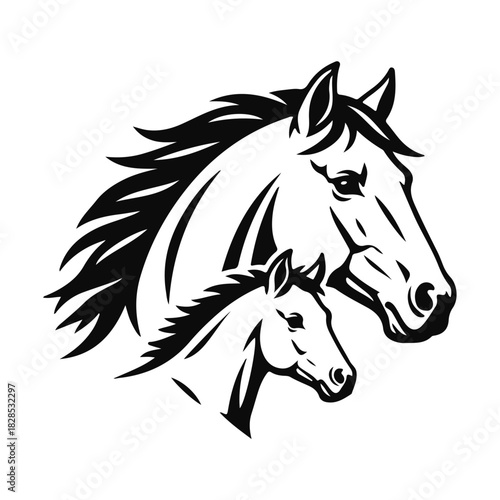 Elegant black-and-white illustration of a horse and foal heads, drawn in dynamic lines with flowing manes. Horse head, foal head, horse portrait, animal art, equine illustration