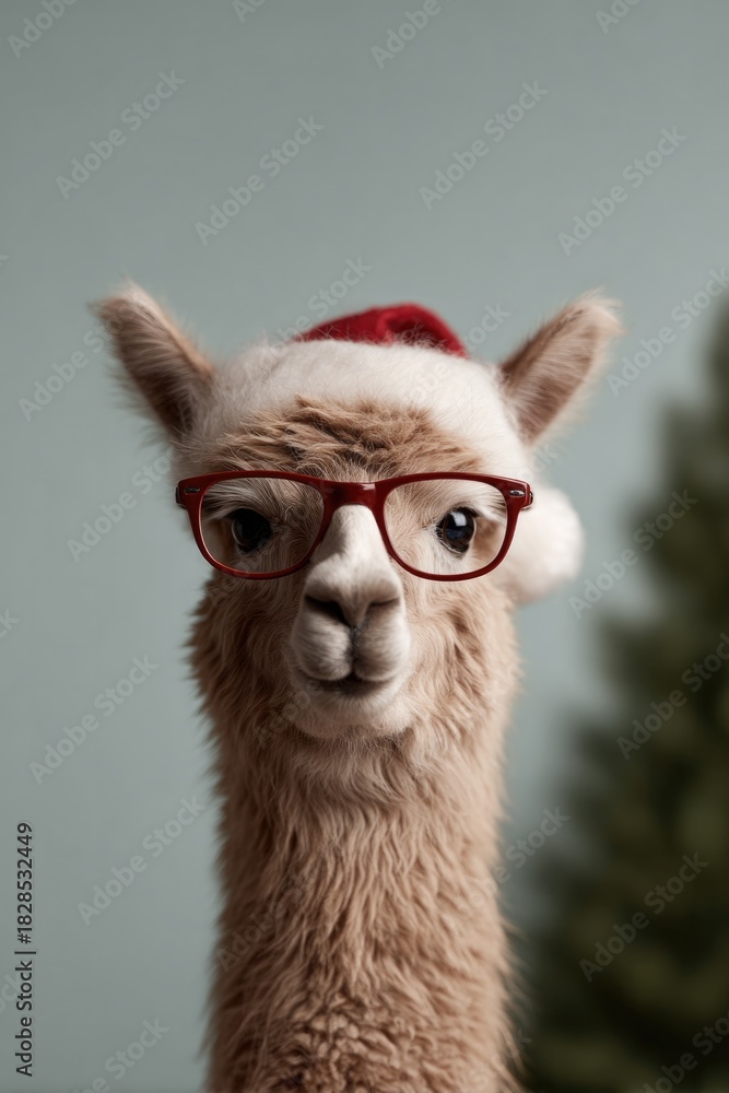Obraz premium Llama wearing glasses and Santa hat, exuding festive cheer and c