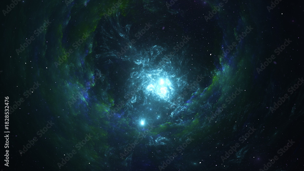 Obraz premium Vibrant blue and green cosmic clouds surround bright stars in the night sky. scene captures the vast beauty of the universe and the mysteries over a distant galaxy. 3d render