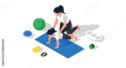 Isometric personal training session with exercise equipment and trainers on a mat in a gym setting