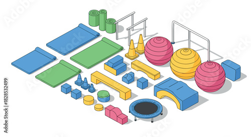 Colorful isometric gym equipment collection for kids' fitness and play