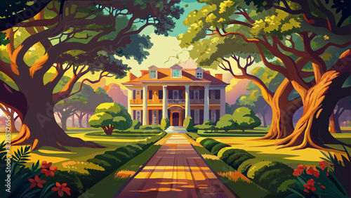 Very beautiful historic Southern estate scene featuring a grand oak-lined avenue, sunlit gardens, and a classic antebellum-style mansion in a serene landscape, captured in warm, cinematic light for 