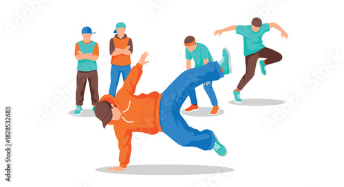 Energetic breakdancing crew performing stunts in dynamic street style scene