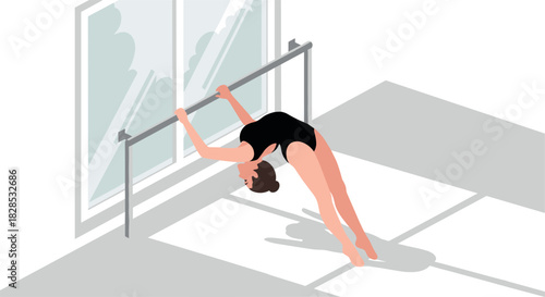 Ballet dancer practicing barre in sunlit studio with modern isometric design
