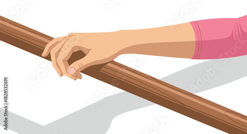 Realistic female hand gripping wooden railing in detail
