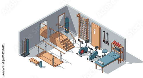 Modern isometric home gym setup with equipment and minimalist design