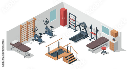 Isometric gym room with fitness equipment and exercise machines in modern interior