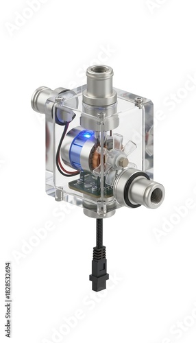 Transparent Fluid Control Device with Visible Internal Mechanism.