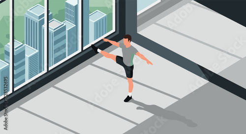 Isometric workout scene: man exercising in modern urban gym setting
