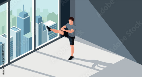 Isometric scene of man performing stretching exercise in modern city apartment