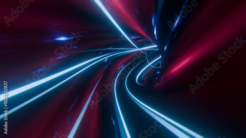 Fototapeta Naklejka Na Ścianę i Meble -  Bright colored lights swirl and flow to create a dynamic tunnel effect, resembling a futuristic pathway. light patterns suggest speed and motion through a digital landscape. 3d render