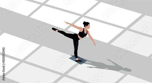 Woman practicing yoga in sunlit room with geometric shadows
