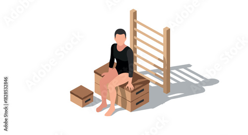 Isometric gymnast sitting on boxes with ladder in minimalist style