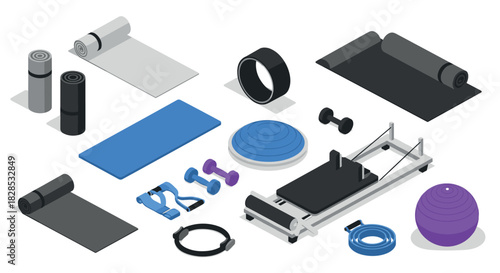 Isometric home gym equipment set with yoga mat, dumbbells, and resistance bands