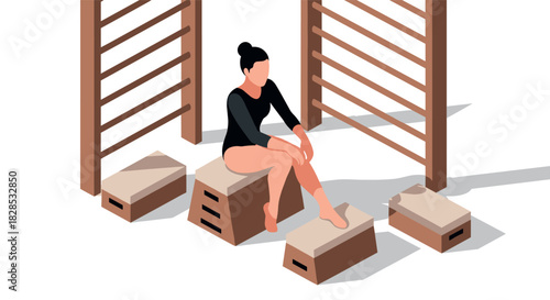 Gymnast in modern gym setting with minimalist isometric design