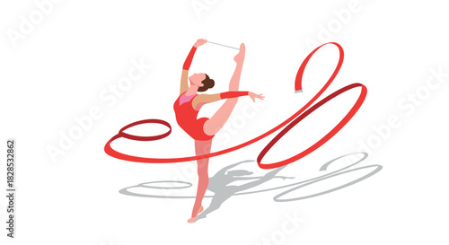 Graceful rhythmic gymnast with ribbon performing in minimalist style