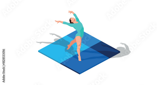 Elegant rhythmic gymnast in aqua leotard dancing gracefully on blue mat