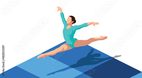 Dynamic gymnast performing a split leap on blue gradient floor