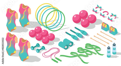 Colorful rhythmic gymnastics equipment in isometric style for sports enthusiasts