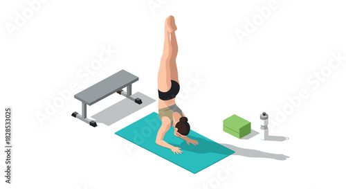 Isometric woman practicing yoga handstand on exercise mat with fitness equipment