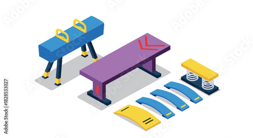 Isometric gymnastics equipment set with pommel horse, beam, springboard, and inclined mats