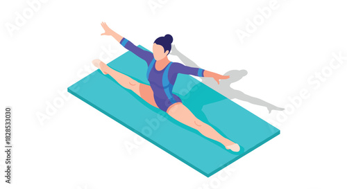 Isometric gymnast performing splits on mat in vibrant attire