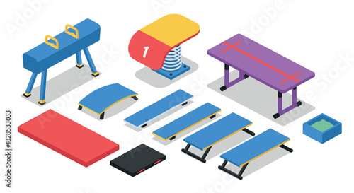 Isometric gymnastics equipment set: pommel horse, vault, beam, and more