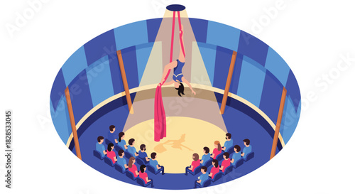 Isometric circus performer suspended on aerial silk in colorful arena