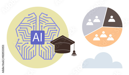 AI neural brain diagram with a graduation cap, user segments in a pie chart, and a cloud. Ideal for machine learning, education, teamwork, innovation, data analysis, knowledge sharing artificial