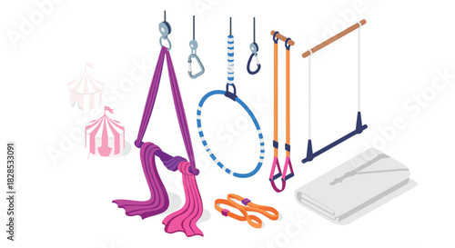 Isometric circus equipment set with aerial silks and trapeze