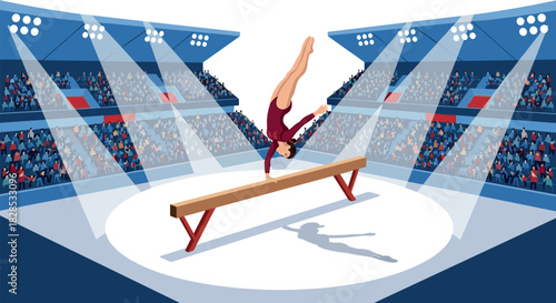 Gymnast performing handstand on balance beam in stadium with audience and spotlights
