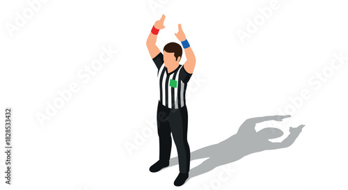 Isometric referee signaling victory with upraised arms and shadow