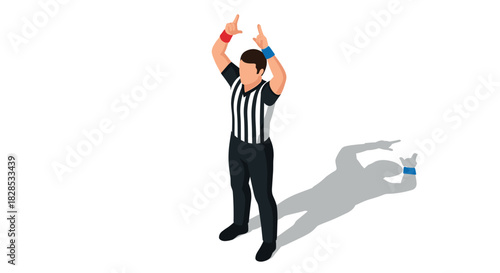 Isometric referee making call with raised arms and shadow on white background