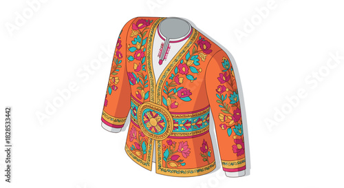 Traditional floral embroidered jacket on mannequin in vibrant colors