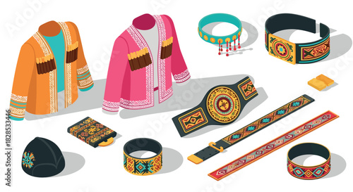 Traditional clothing and accessories with ethnic patterns in isometric style