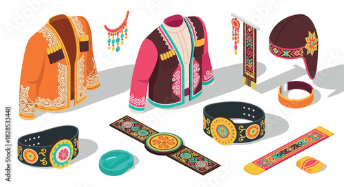 Traditional central asian clothing set with embroidery and colorful accessories in isometric style