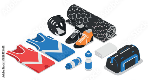 Isometric gym equipment set with sportswear, shoes, and accessories for fitness enthusiasts