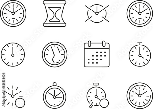 Collection of Time Management and Deadline Line Icons, Featuring Wall Clocks, Stopwatches, Hourglass, and Calendar Symbols for Business, Planning, and Measurement.