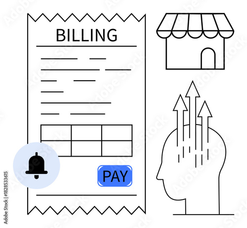 Billing concept. Digital billing visualization with invoice, payment button, growth arrows, and notifications. Billing process for e-commerce, business growth, fintech, retail stores modern payments