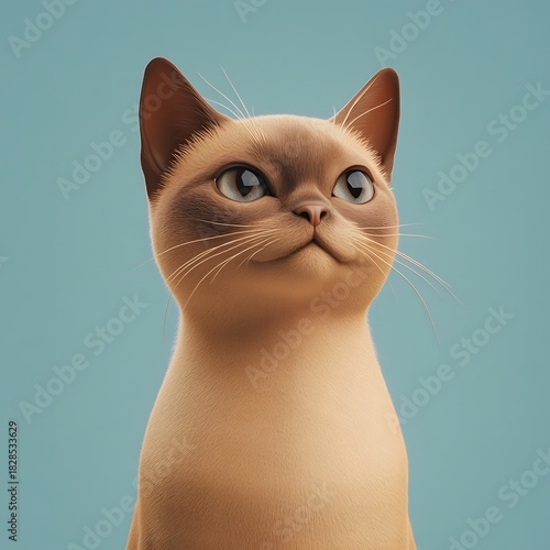 the image is a portrait of a cat against a plain, light blue background