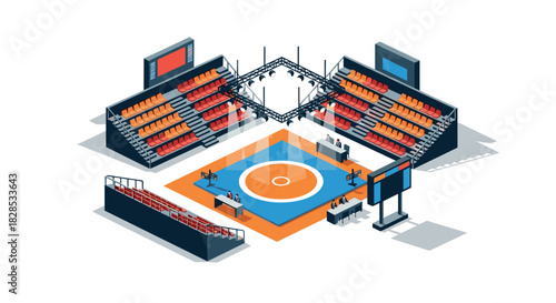 Modern indoor sports arena with seating and digital screens in isometric design
